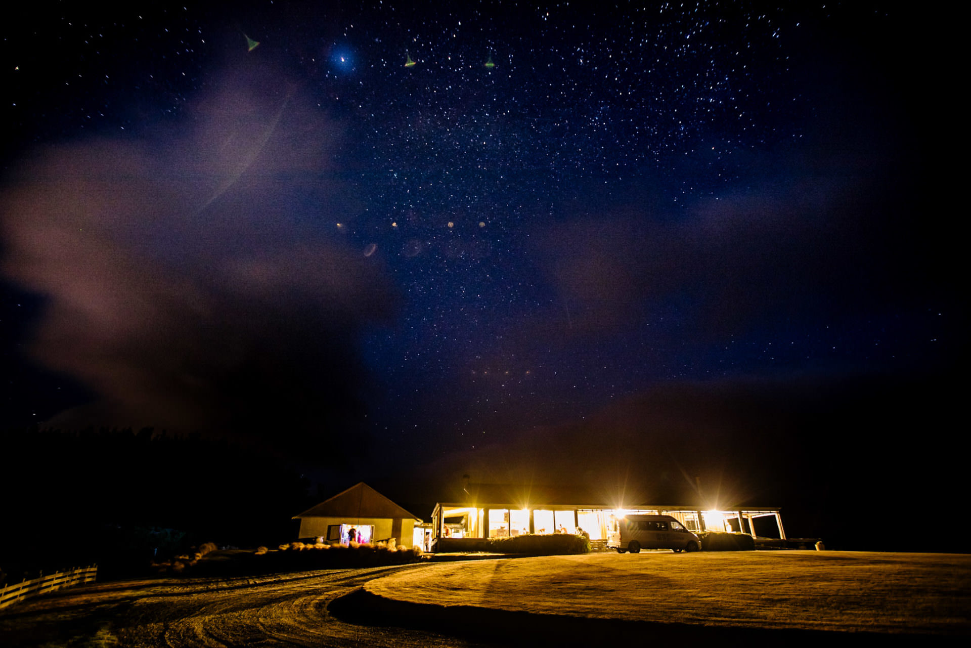 Pencarrow Lodge with stars at night